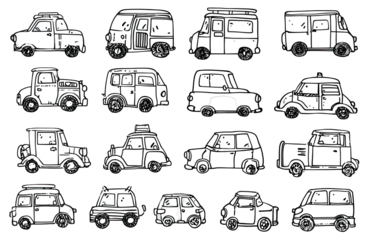 Simple black and white line drawing of various vintage cars and vans