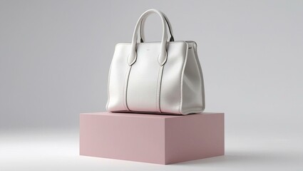 White Leather Handbag on Pink Cube Riser Studio Product Photography