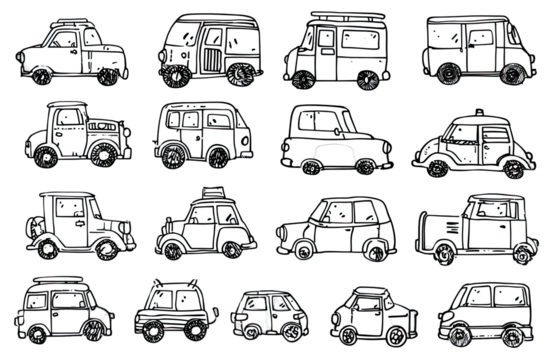 Simple black and white line drawing of various vintage cars and vans