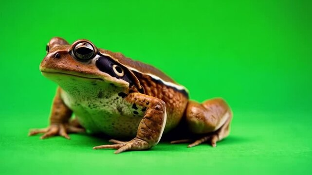 Close up of a brown frog with big eyes sitting on a green background looking at the camera lens green screen video