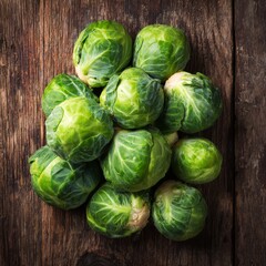 Fototapeta premium Fresh Brussel sprouts arrangement on wooden surface, top shot. It provides a healthy eating concept, or a delicious, fresh food concept
