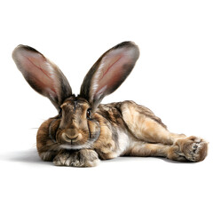 Fototapeta premium A rabbit is laying down on a white background
