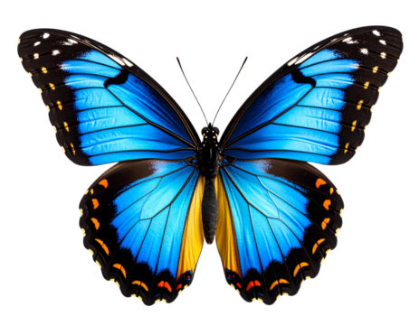  Realistic Blue and Yellow Butterfly in Side View with Spotted Wings isolated on transparent background PNG - Powered by Adobe