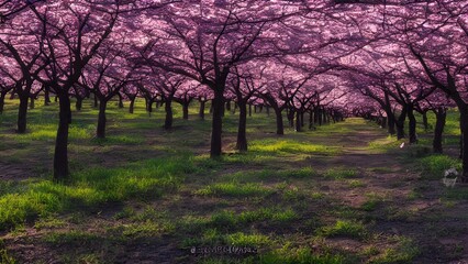 Vibrant pink cherry blossoms frame a serene spring sunset over a forest landscape with trees and grass