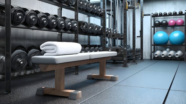 Gym interior showcasing weight training equipment with bench and towel for fitness workout - Powered by Adobe