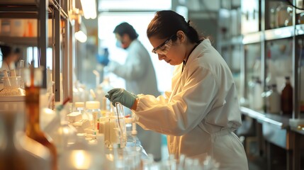 ðŸ‘©â€ðŸ”¬ðŸ§ª A female scientist wearing a lab coat and safety glasses works in a laboratory. She is pouring a liquid from a beaker into a test tube.