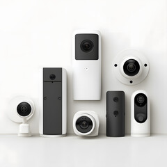 A row of security cameras are lined up on a white background