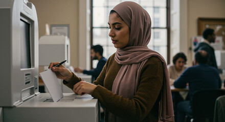 Muslim woman voting with focus in a modern voting center