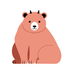 A cute bear with small horns and a charming expression in a flat design style. The bear is light orange and sits there peacefully