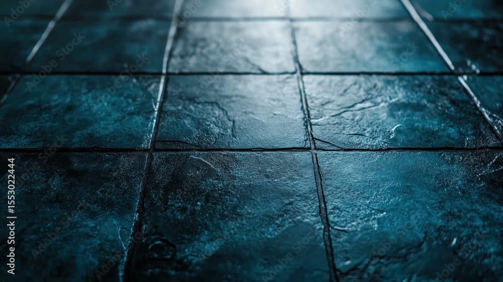 Aufkleber a close-up shot of dark blue textured floor tiles, highlighting the intricate details and reflection