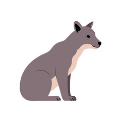 A gray wolf sitting gracefully in a neutral pose. The wolf has a long snout and alert eyes. This minimalistic artwork showcases the beauty of the animal's natural form. 