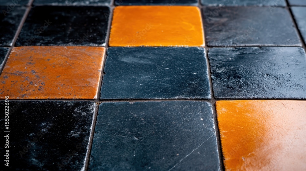 Poster this close-up image shows a beautiful pattern of black and orange tiles on a floor, highlighting the