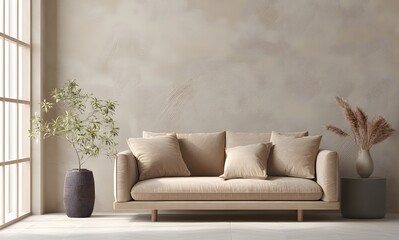 Mock-up wall, Modern interior design of a living room with a sofa and coffee table, a beige-colored wall background, minimalist style