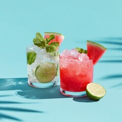 Two refreshing, vibrant summer cocktails on a bright teal background. One drink has a slice of watermelon and fresh mint