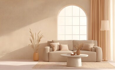 Mock-up wall, Modern interior design of a living room with a sofa and coffee table, a beige-colored wall background, minimalist style