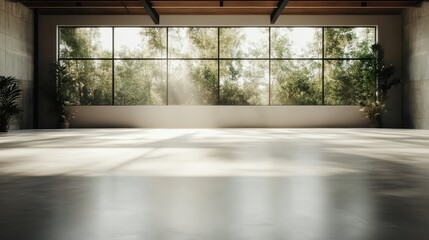 Fototapeta premium A spacious, sunlit modern interior featuring large windows that offer a stunning view of lush greenery, evoking a sense of serenity and tranquility in design.
