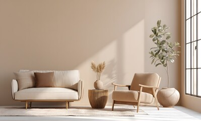 Mock-up wall, Modern interior design of a living room with a sofa and coffee table, a beige-colored wall background, minimalist style