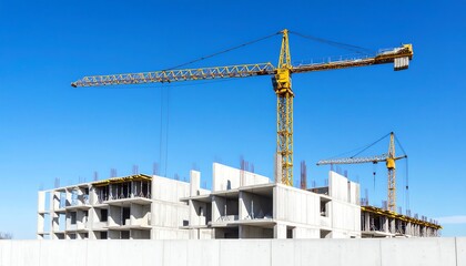 Construction site with cranes and concrete structures.