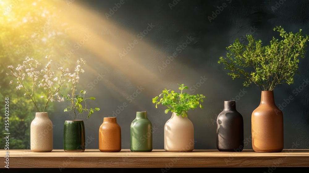 Poster a collection of stylish vases filled with greenery sits on a wooden shelf, illuminated by warm sunli