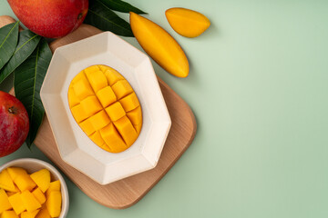 Fresh ripe mango with cubes on green table background.