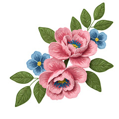 Pink and Blue Floral Embroidery Design isolated on transparent bacckground