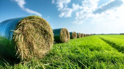 This picturesque landscape showcases neatly arranged hay bales in a vibrant green field beneath a dynamic blue sky populated with fluffy clouds, emphasizing rural beauty.