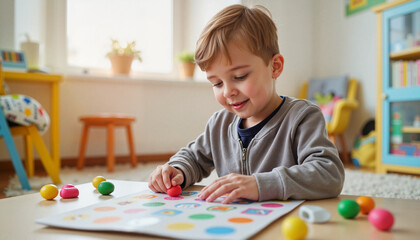 Young boy playing with colorful shapes on the floor indoors  