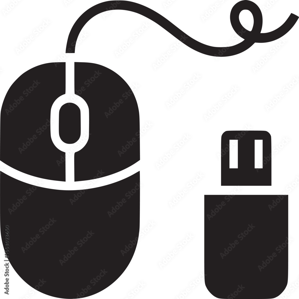 Poster isolated black and white computer mouse with cable and usb connector on a white background view