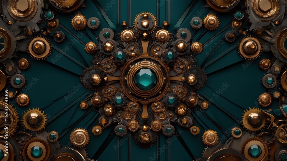 Aufkleber a complex and visually striking artwork featuring interlocking gears and cogs in various metallic co