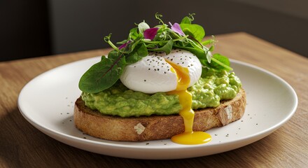 Indulge in this vibrant avocado toast topped with a perfectly poached egg and delicate microgreens.