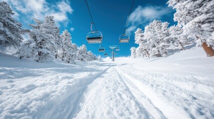 A picturesque view of empty ski lifts ascending through a winter wonderland filled with fresh snow and towering pine trees, showcasing serenity and outdoor adventure.