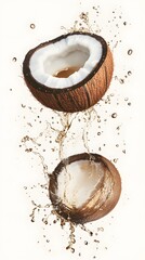 Two Halves of Coconut Splashing Water