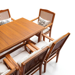 A wooden table with a white cushion and a black and white pillow
