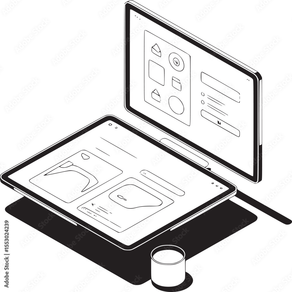 Poster isometric illustration of two tablets displaying user interface designs with a cup on a white surfac