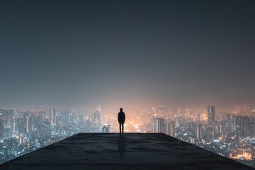 Fototapeta premium Person Standing on Rooftop at Night Overlooking Cityscape with Glittering Lights