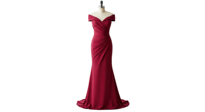 Burgundy off-the-shoulder formal gown isolated on transparent png