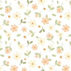 A delicate seamless vector pattern with small, hand-drawn pastel flowers and leaves. Perfect for baby clothes, stationery, gift wrap, and charming spring-themed backgrounds.