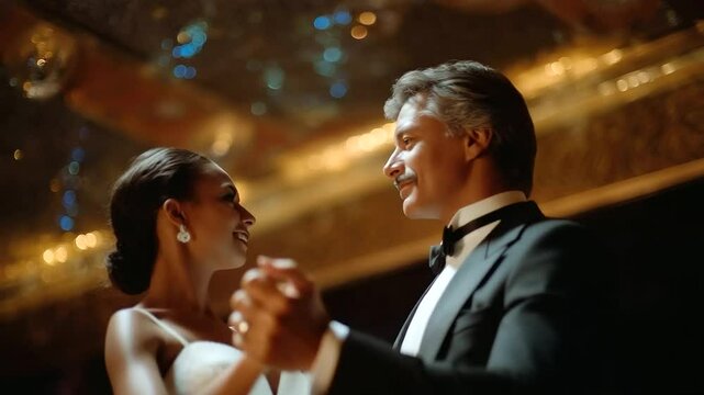 Couple Dancing the Quickstep in Ballroom with Mirror
