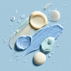 A collection of colorful cosmetic swatches arranged on a light blue surface, showcasing different textures and shades of skincare products. It's a close-up, high-angle shot with a modern feel