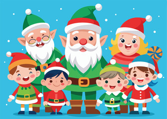 A joyful illustration of a Santa family, including Santa Claus and various elves in festive Christmas attire.