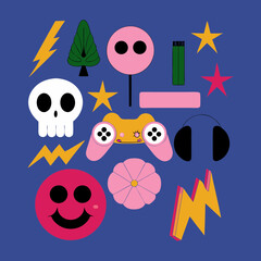 Playful digital design featuring various colorful icons including a gaming controller, smiley faces, and fun shapes.