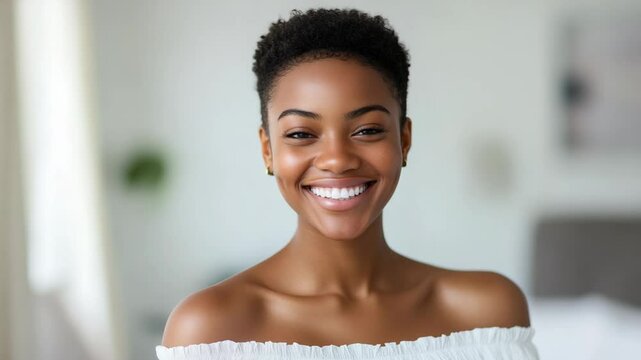 close up face young black African woman with no make up smiling peacefully at camera, beauty skincare portrait theme