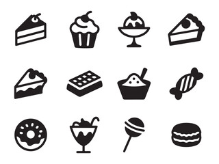 A set of simple, black and white icons depicting various sweet treats vector art on white