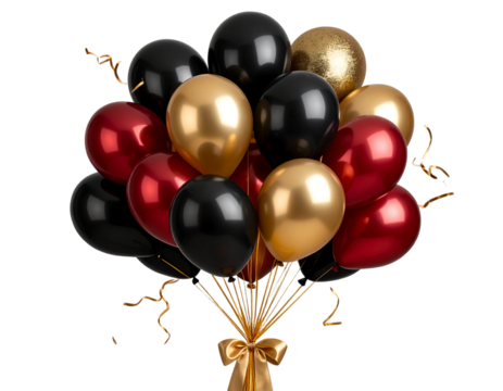 Red Black and Gold Balloons in Spiral Bouquet Arrangement isolated on transparent background PNG - Powered by Adobe
