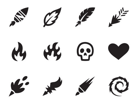 A collection of twelve simple, black silhouette icons representing various fantasy elements vector art on white