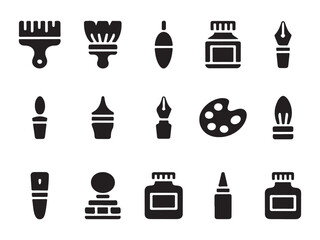 A set of simple, black silhouette icons representing various art supplies, including paintbrushes, ink bottles, pens, palettes, and other tools vector art on white