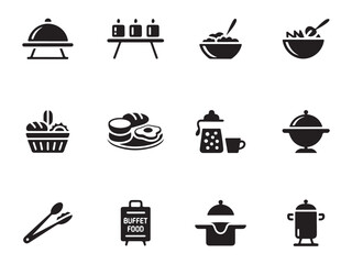set features various black and white icons representing buffet food items vector art on white