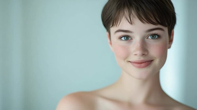 close  up face young Caucasian woman with no make up smiling peacefully at camera,  beauty skincare portrait theme 