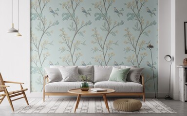 Modern botanical living room featuring delicate blue floral wallpaper with yellow blooms – light gray mid century sofa, round wood coffee table & woven pouf in airy scandinavian 