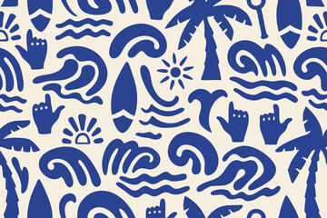 Surf seamless pattern. Palm trees, waves, sun, surfboards, shaka hand sign.